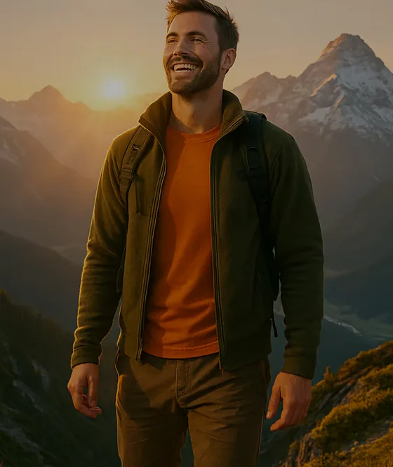 Smiling man on a mountain slope at sunrise with a snow-capped peak behind him