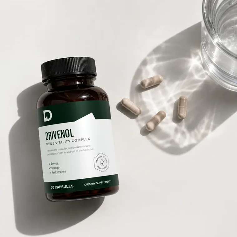 Drivenol bottle lying on its side beside four beige capsules and a glass of water, seen from above