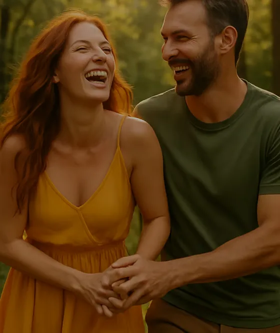 Couple walking hand in hand and laughing through woodland in golden light